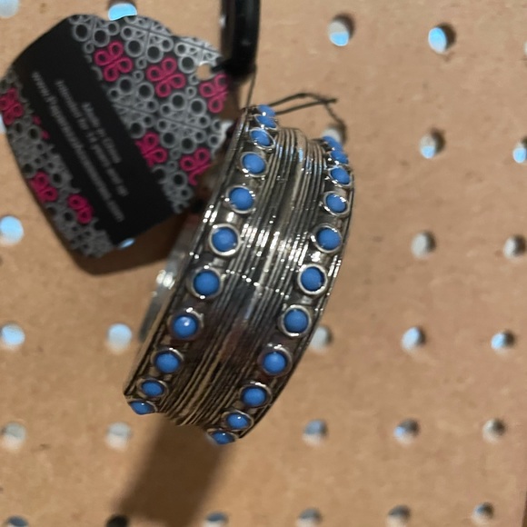 Silver strand cuff with tiny matte blue bead accents. - Picture 2 of 4